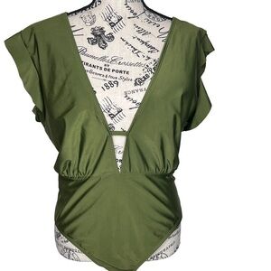 Olive Green One Piece Swim Suit Size 3X Plunging V-Neck Open Back Flutter Sleeve